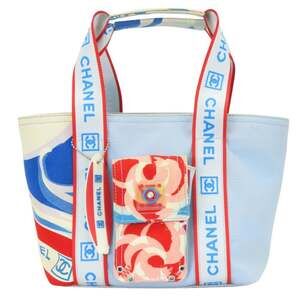 Chanel Surf High Summer Camellia Sport Line Canvas Tote Bag, Light Blue, Red,...